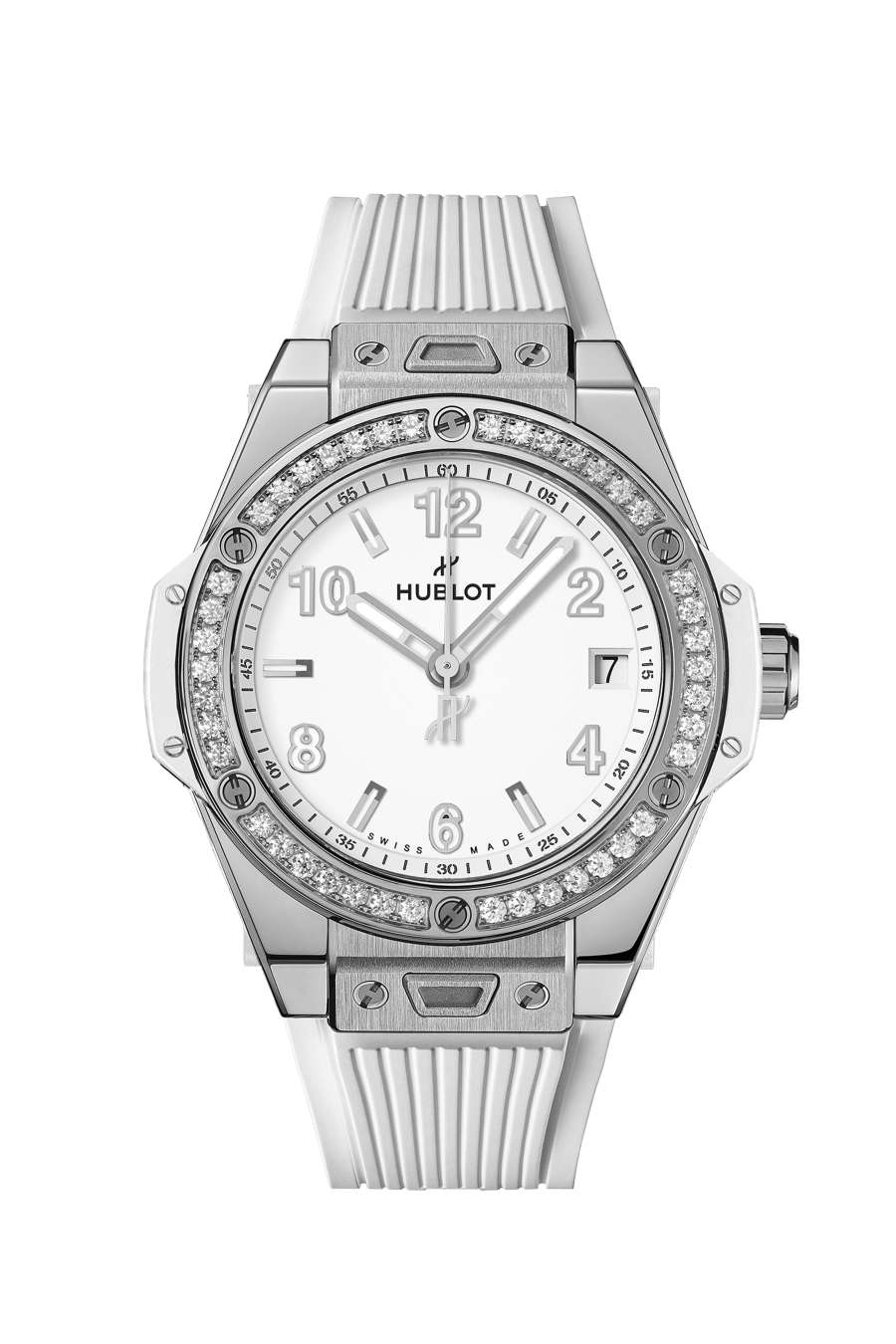 Thiết kế có vỏ và dây bằng thép không gỉ, phần bezel đính 36 viên kim cương với tổng trọng lượng khoảng 0,76 carat. Theo giá niêm yết từ hãng, đồng hồ có giá 17.600 euro, tương đương khoảng 550 triệu đồng. Ảnh: Hublot