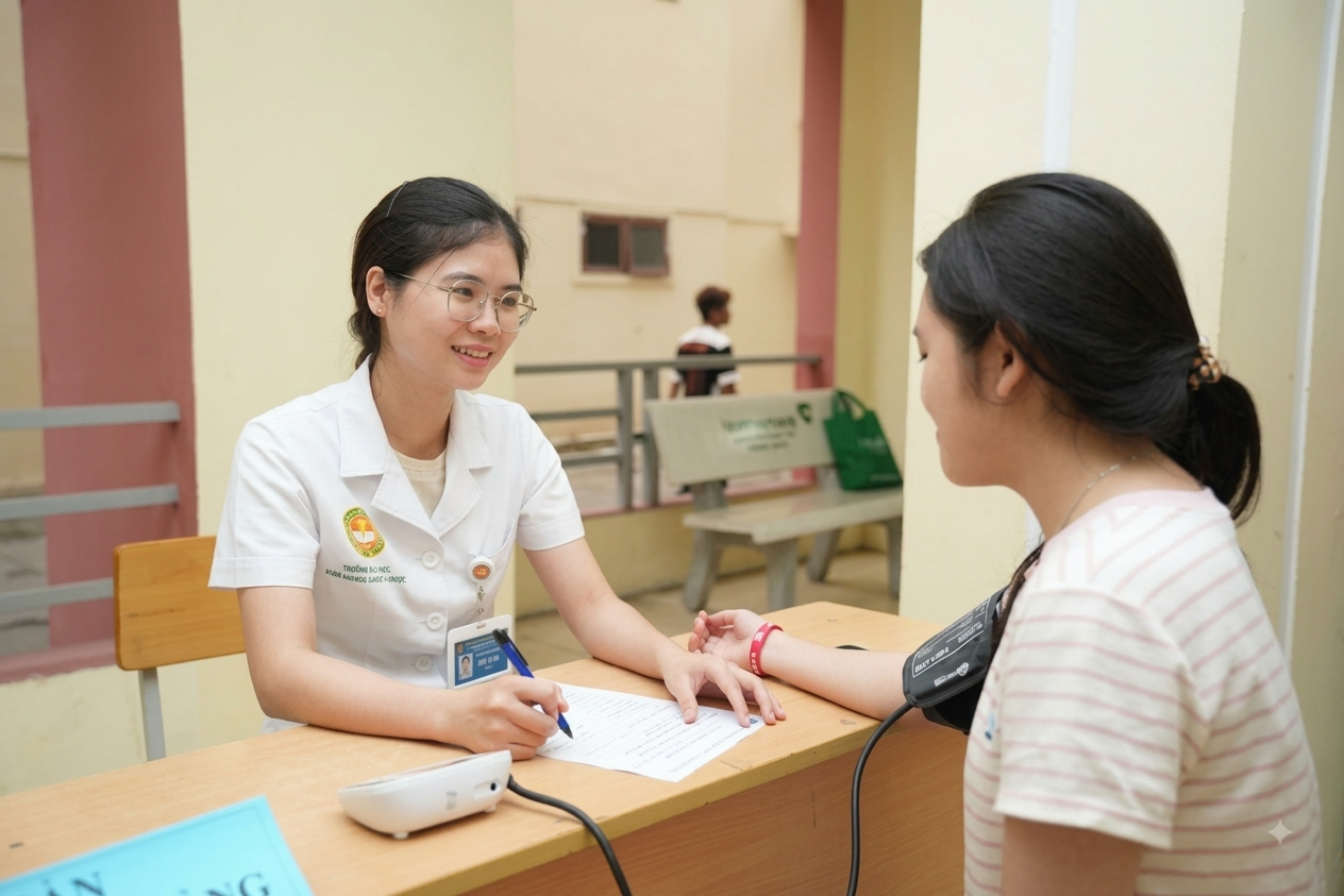 Tâm trong hoạt động khám hiến máu tình nguyện tại Bệnh viện Quân y 103. Ảnh: Học viện Quân y