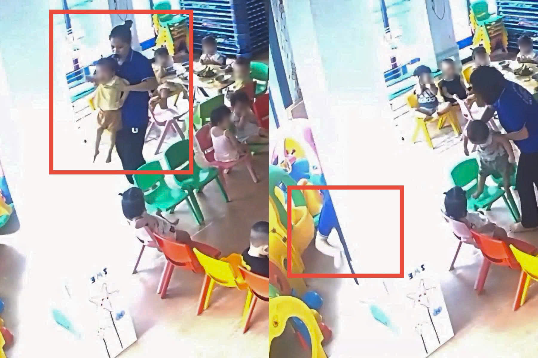 Cô giáo nhấc trẻ vào góc khuất của camera rồi đánh. Ảnh chụp màn hình