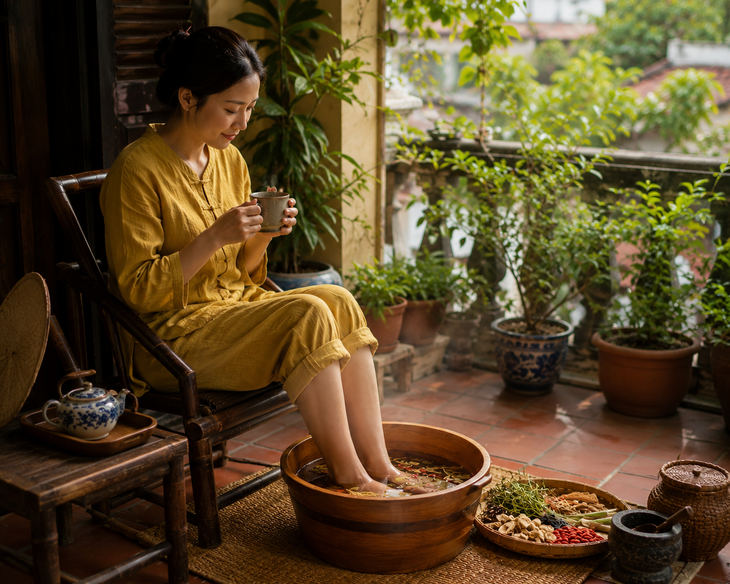 Thông qua tác động của nhiệt, dược liệu… ngâm chân có tác dụng nâng cao sức khỏe, phòng và điều trị bệnh tật toàn thân. Ảnh AI