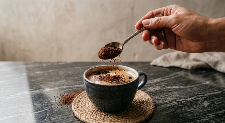 Cho một thìa bột ca cao vào cà phê giúp tăng hàm lượng chất chống oxy hóa. Ảnh minh họa AI