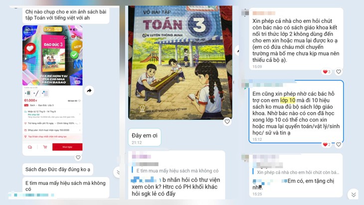 Nhiều phụ huynh xin sách giáo khoa cũ cho con. Ảnh chụp màn hình.