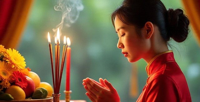 Chắp tay trước ban thờ tưởng nhớ gia tiên, rồi tự nhắc mình tháng này cố gắng sống tốt hơn đã là một niệm đẹp. Ảnh internet