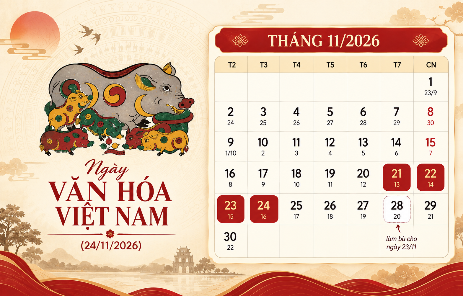 Ngày Văn hóa Việt Nam 2026 dự kiến hoán đổi để nghỉ liên tục 4 ngày. (Ảnh: AI)