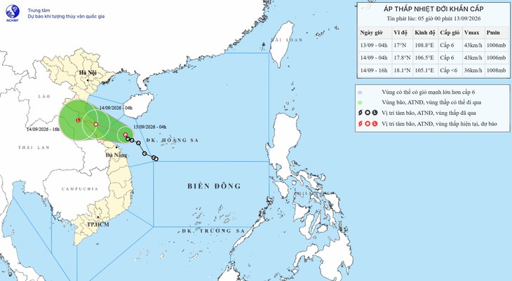 Áp thấp nhiệt đới tiến vào vùng biển Quảng Trị đến Đà Nẵng.