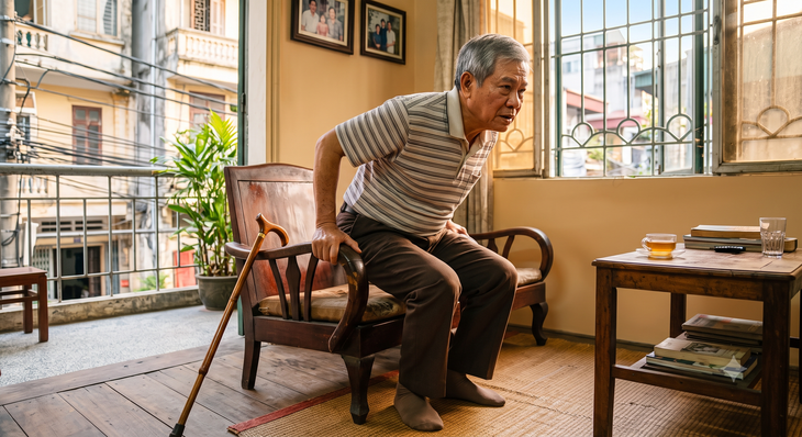 Khả năng tự đứng thẳng dậy khỏi ghế một cách nhẹ nhàng mà không cần chống tay hay lấy đà là minh chứng rõ nét cho một hệ vận động còn rất khỏe mạnh và linh hoạt. Ảnh minh họa AI.