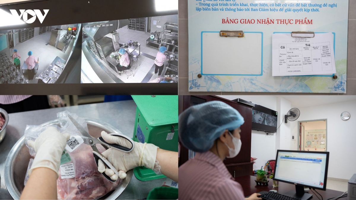 Toàn bộ quá trình chế biến trong bếp ăn được ghi lại qua hệ thống camera giám sát. Cùng với đó, mã QR về nguồn gốc thực phẩm được lưu trữ, phục vụ việc tra cứu và truy xuất khi cần thiết. Thông qua ứng dụng, phụ huynh có thể truy cập phần mềm để theo dõi thông tin về đơn vị cung cấp thực phẩm cho nhà trường, thực đơn hằng ngày của học sinh. Hệ thống cũng hiển thị các chỉ số dinh dưỡng, giúp cha mẹ có thêm thông tin để theo dõi và giám sát bữa ăn của con.
