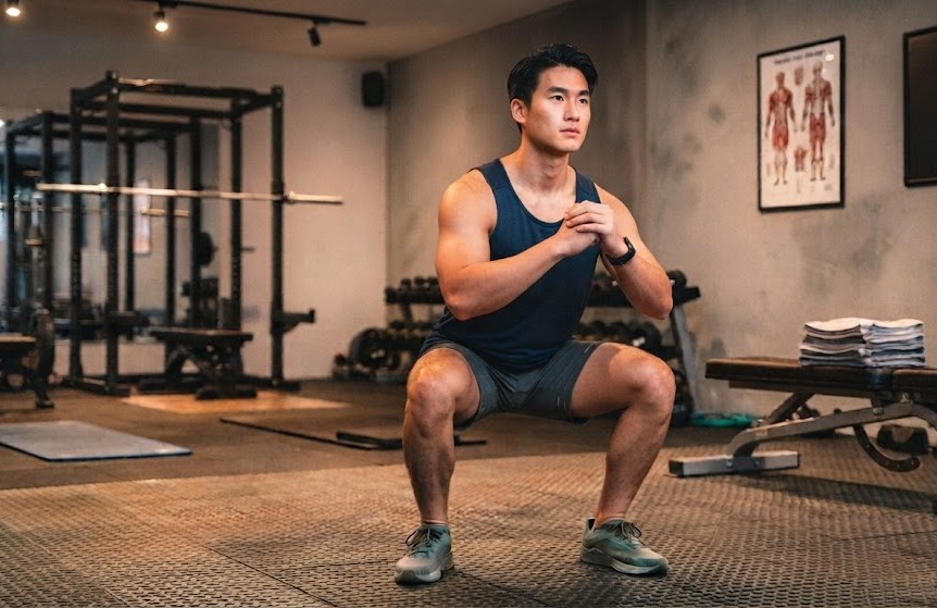 Squat - tăng sức mạnh đùi và hông hỗ trợ chạy hiệu quả. Ảnh: AI.