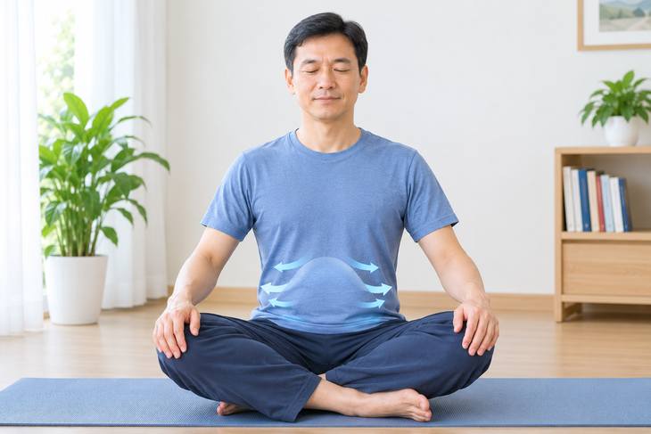 Luyện thở bụng giúp tăng cường sức khỏe hô hấp trong mùa thu. Ảnh: AI.