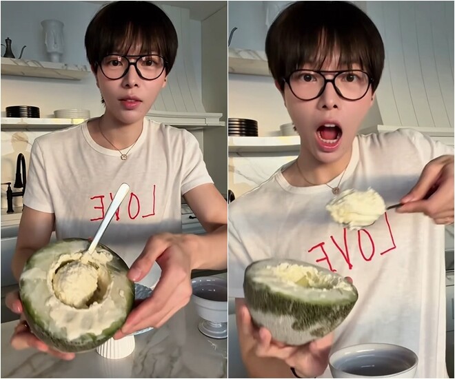Tiếp đến là kem dưa lưới. Kết cấu của em rất mịn. Dù dưa lưới không phải là vị yêu thích nhất của mình nhưng Đức Phúc cũng không khỏi bất ngờ: Ôi kem dưa lưới cũng ngon quá mọi người ạ!