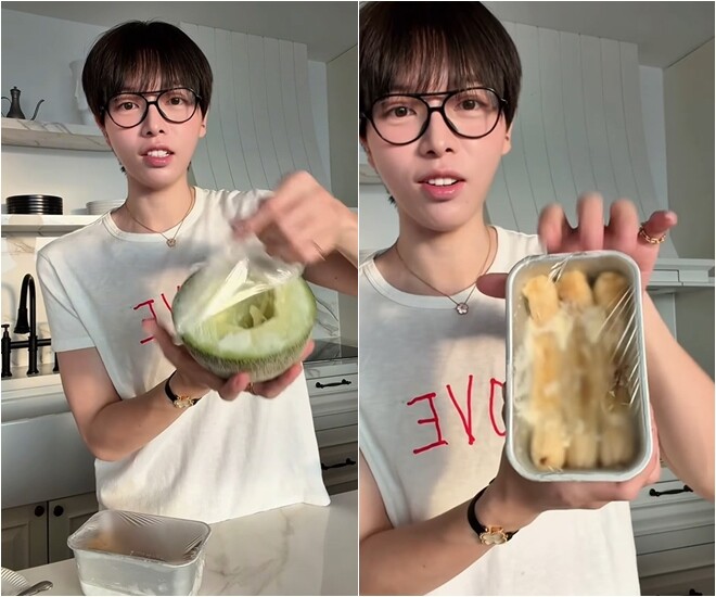 Dân mạng thường hay làm với những quả như dưa lưới, dưa hấu... nhưng nam ca sĩ rất thích ăn kem chuối nên anh đã để 3 quả chuối bóc sẵn để vào trong hộp đông.