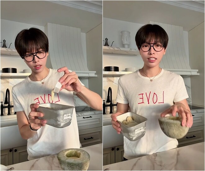 Tiếp đó, anh cho thêm một ít sữa đặc. Giọng ca Ánh nắng của anh rất hào hứng chờ đợi món kem siêu mát lạnh với vị hoa quả mình yêu thích.