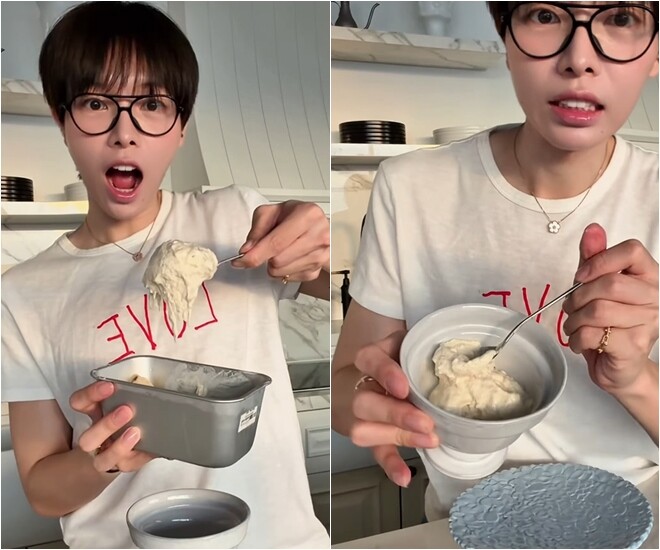 Ca sĩ 9x rất ngạc nhiên với kết cấu của kem chuối rất sệt và quánh, không hề bị lỏng hay quá cứng. Anh lấy ly để cho kem vào và thưởng thức.