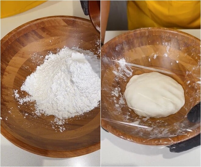 Để tạo nên phần đế bánh ram giòn rụm bọc lấy lớp bánh mềm, anh pha trộn 100g bột nếp, 100g bột chiên giòn và 50g bột gạo. Hỗn hợp bột sau khi thêm nước ấm và dầu ăn cũng được đem đi ủ trong vòng 30 phút.