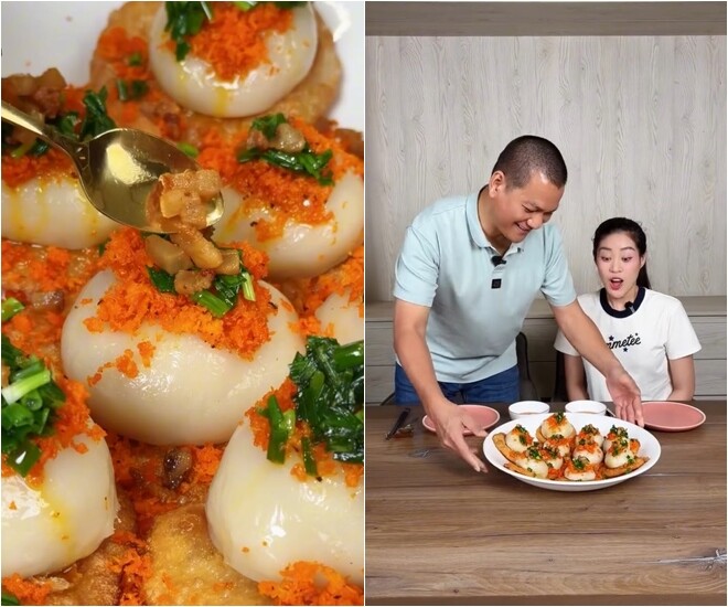 Cận cảnh đĩa bánh ram ít vừa ra lò nóng hổi, đầy đặn và vô cùng hấp dẫn trong căn bếp nhỏ. Sự khéo tay ngoài mong đợi của ông xã nhiếp ảnh gia khiến Khánh Vân phải liên tục reo lên tán thưởng vì quá ngon.