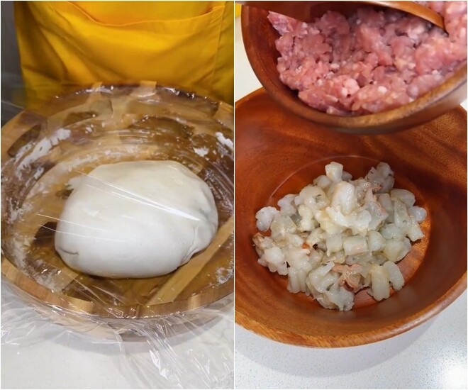 Sau khi nhào trộn kỹ lưỡng để bột đạt độ dẻo mịn mong muốn, anh khéo léo gói kín tô bột lại. Ông xã Khánh Vân không quên nhắc nhở người xem cần phải ủ phần bột này trong khoảng thời gian 30 phút. Trong lúc chờ đợi, anh làm nhân bánh.