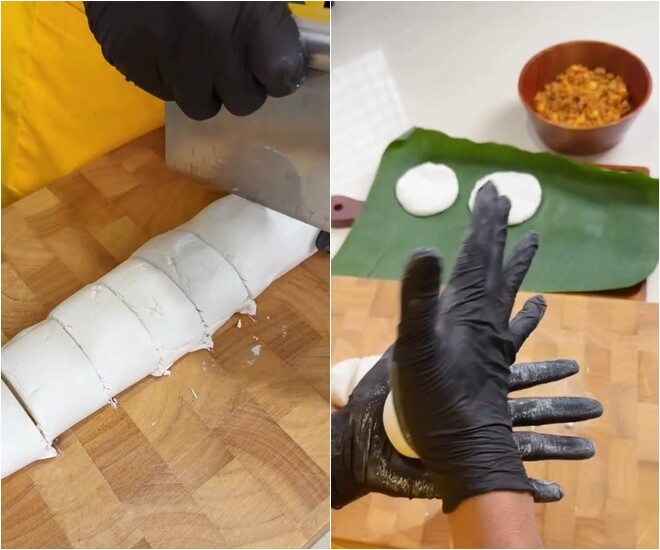 Sau 30 phút ủ, phần bột nếp được mang ra để chia nhỏ thành từng phần bằng nhau chuẩn bị cho khâu tạo hình. Anh vô cùng thích thú và ví von công đoạn công phu này giống như trò chơi đồ hàng thời thơ ấu.
