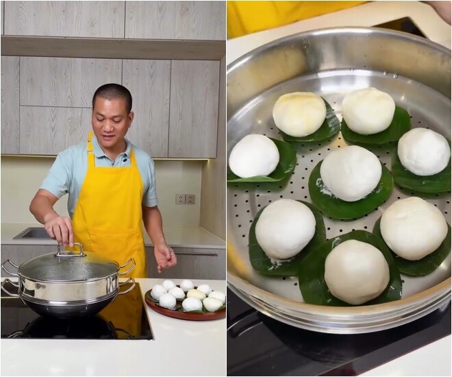 Phần nhân tôm thịt được gói gọn ghẽ bên trong lớp vỏ bột nếp dẻo dính rồi đặt lên những miếng lá chuối cắt nhỏ. Việc lót lá chuối giúp bánh khi đem hấp chín trong 20 phút không bị dính vào xửng.