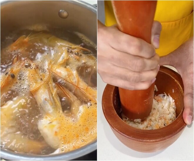 Trong thời gian chờ bánh chín, anh tiếp tục giã nhuyễn phần tôm đã luộc chín để làm tôm trang trí. Phần tôm giã được rang khô trên chảo cùng chút màu điều, muối và bột ngọt để tạo màu sắc vàng cam rực rỡ.