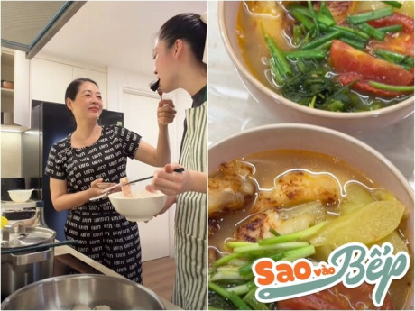 Hoa hậu gia thế "khủng" nấu bún tuổi thơ cho mẹ, cựu Giám đốc kho bạc động viên vì con làm mãi chưa xong