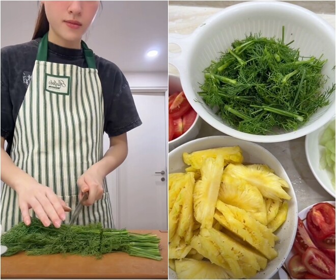 Rau thì là rửa sạch được cắt khúc vừa ăn, xếp gọn gàng bên cạnh đĩa cà chua bổ múi cau và dứa đã thái lát. Màu sắc rực rỡ của các loại rau củ khiến căn bếp thêm phần sinh động.