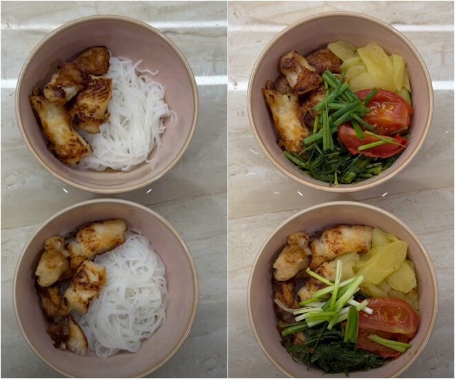 Bún tươi và cá chiêu được xếp gọn gàng vào hai chiếc tô xinh xắn. Miếng cá chiên vàng ruộm kết hợp cùng sợi bún trắng ngần tạo nên nền tảng hấp dẫn cho bát bún cá. Nàng hậu khéo léo bày trí thêm cà chua, dứa xào, dọc mùng chần và hành lá, thì là lên trên.