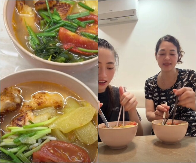 Hai bát bún cá nóng hổi hoàn thiện được bưng ra bàn ăn để hai mẹ con cùng thưởng thức. Sự kết hợp màu sắc hài hòa giữa xanh, đỏ, vàng làm bát bún trông vô cùng bắt mắt. Mẹ của Lương Thùy Linh vui vẻ thưởng thức trọn vẹn thành quả nấu nướng đong đầy tình yêu thương của con gái.