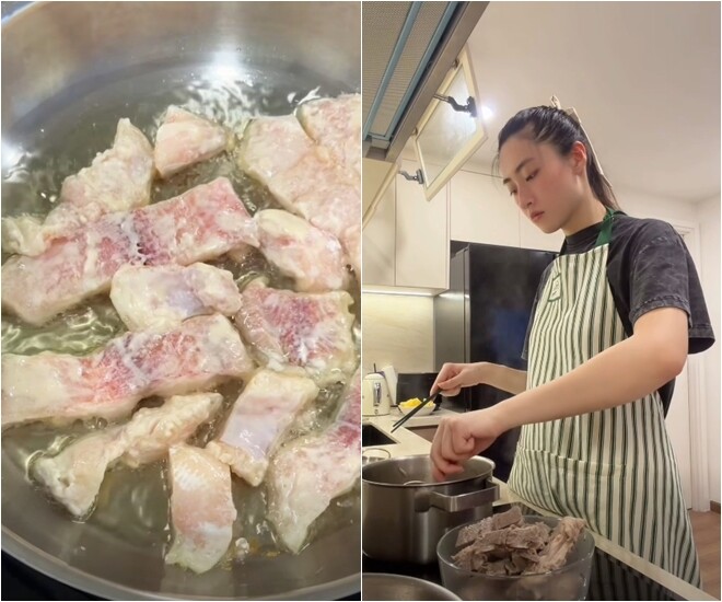 Những miếng cá tẩm bột được thả vào chảo dầu nóng, rán cho đến khi chín tới vàng đều các mặt. Song song đó, Lương Thùy Linh tranh thủ vớt bọt và canh chừng nồi nước hầm xương trên bếp.