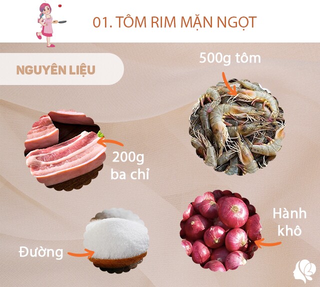 Nguyên liệu: 500g tôm tươi, 200g ba chỉ (nhiều mỡ), 3 muỗng nước mắm, 1 muỗng đường, 1 muỗng tương ớt, 1 muỗng nước lọc, 1/2 muỗng tiêu. Tỏi băm, ớt băm, hành lá, hành khô, dầu ăn.