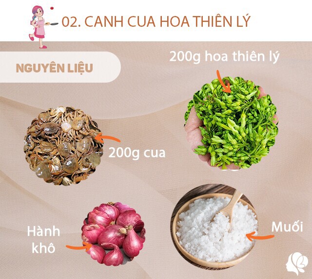 Chuẩn bị: 200g hoa thiên lý, 200g cua đồng, hành khô, dầu ăn, muối.