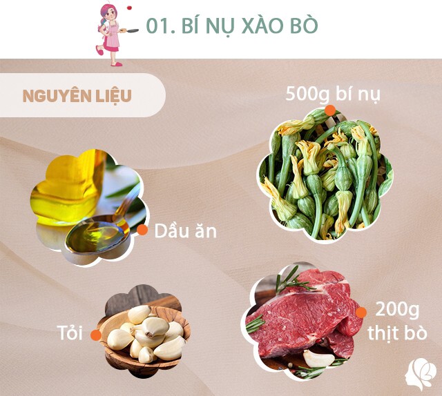 Chuẩn bị: 500g bí nụ, 200g thịt bò, 4-5 tép tỏi, 1 mẩu gừng, dầu ăn, muối/bột canh