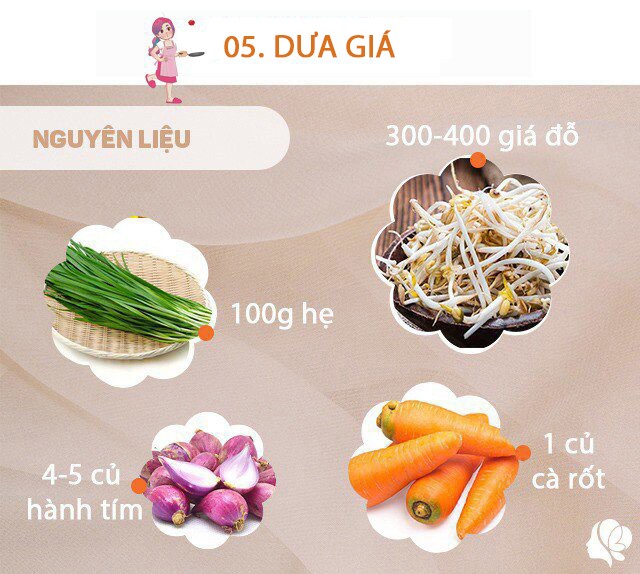 Chuẩn bị: - Giá đỗ: 350-400g - Lá hẹ: 100g - Cà rốt: 1 củ - Hành tím: 4-5 củ - 1 quả dưa chuột - 2 trái ớt - Muối, đường, giấm, nước đun sôi để nguội.