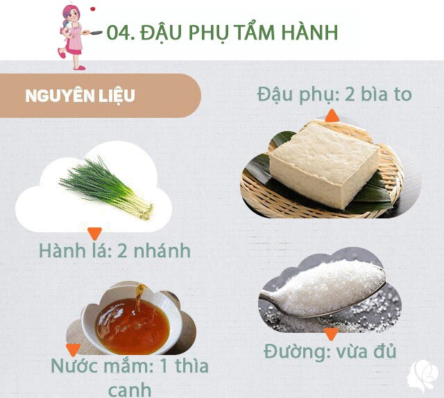 Chuẩn bị: 2 bìa đậu phụ to hoặc 3 bìa nhỏ, 1 thìa canh nước mắm, xíu đường, 2 nhánh hành lá.