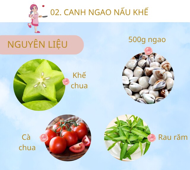 Chuẩn bị: 500g ngao đã ngâm và rửa sạch, 1 quả khế chua rửa sạch thái lát, 1 quả cà chua bổ múi cau, hành lá thái nhỏ, rau răm thái nhỏ, muối, hành khô, chút dầu ăn.