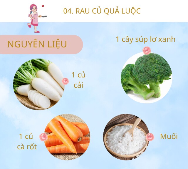 Chuẩn bị: 1 cây súp lơ xanh, 1 củ cải trắng, 1 củ cà rốt, muối.