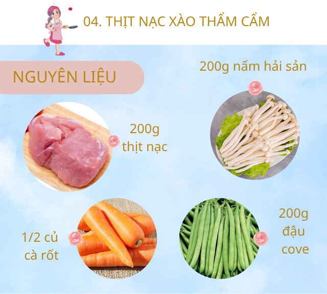 Chuẩn bị: 200g thịt nạc, 200g nấm hải sản, 200g đậu cô ve, 1/2 củ cà rốt, dầu ăn, muối, hành khô.