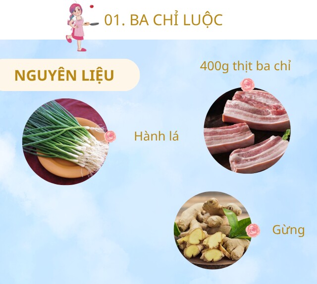 Chuẩn bị: 400g ba chỉ ngon, vài nhánh hành lá, một mầu gừng.