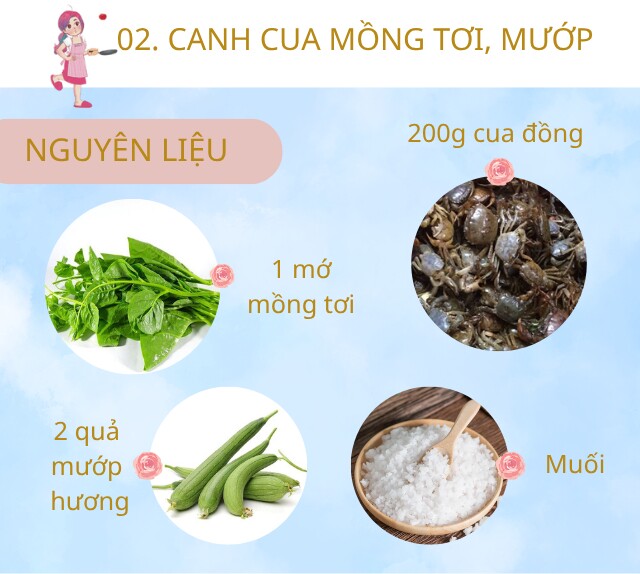 Chuẩn bị: 1 mớ mồng tơi - 200g cua đồng - 1 quả mướp hương - Gia vị: muối, mì chính, hành khô.