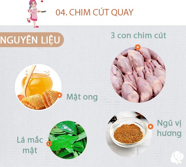 Chuẩn bị: 3 con chim cút cái đã mổ và làm sạch, 5 củ sả, ngũ vị hương, xì dầu, 1 thìa mật ong, lá mắc mật, tỏi băm nhỏ.