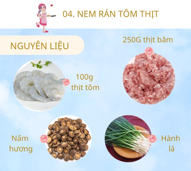 Chuẩn bị: 250g thịt băm, 100g thịt tôm, hành lá, 4-5 cái nấm hương, 2 cái mộc nhĩ, một ít miến, bánh tráng, dầu ăn, 1 quả trứng, hạt tiêu, hành tây, 1/4 củ cà rốt băm nhỏ, một nắm nhỏ giá đỗ rửa sạch.