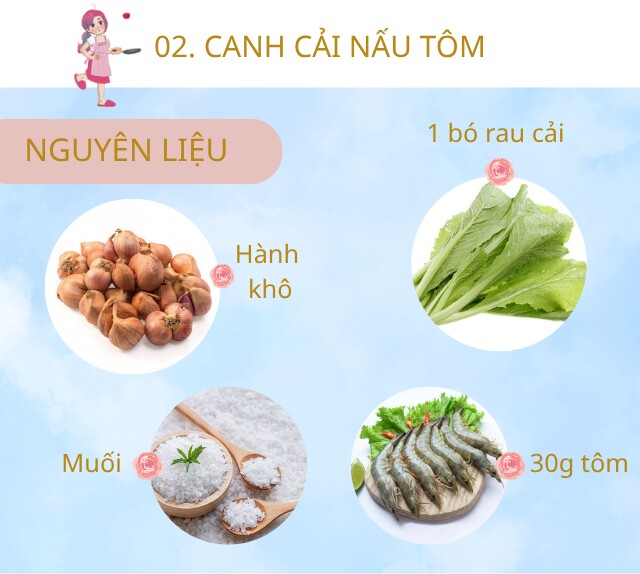 Chuẩn bị: 1 bó rau cải mơ, hành khô, 30g tôm tươi bóc vỏ, muối, dầu ăn.