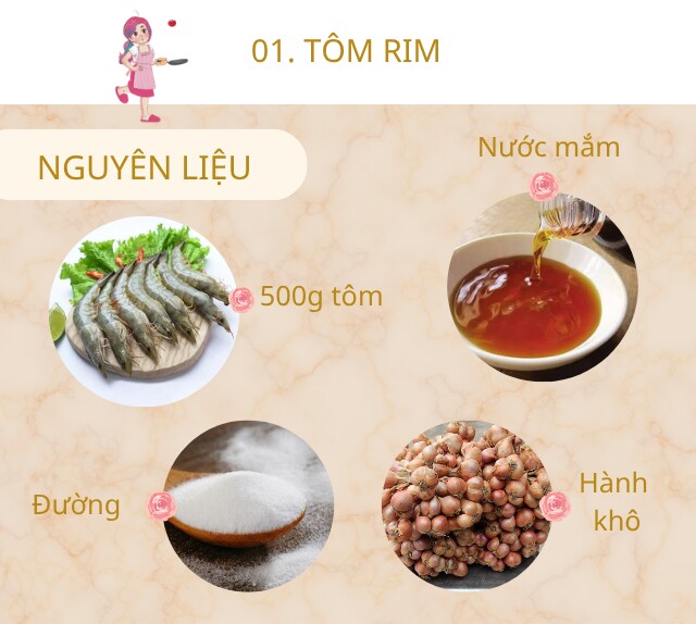 Chuẩn bị: 500g tôm, nước mắm, mỡ lợn, đường, hành khô.