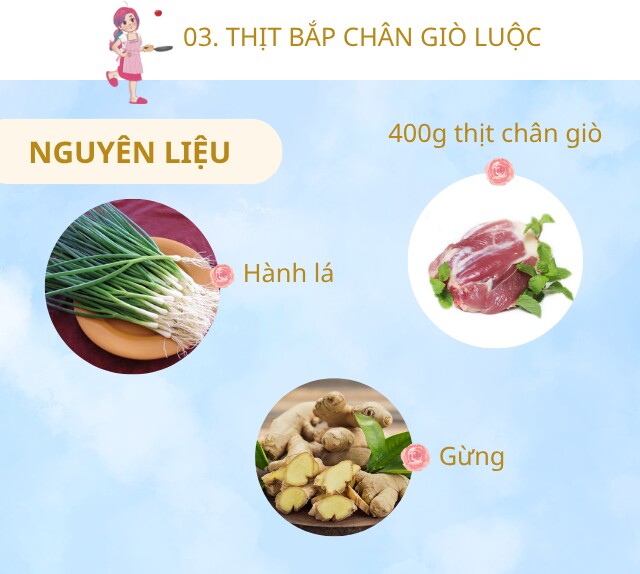 Chuẩn bị: 400g thịt chân giò ngon, ít gừng, hành lá.