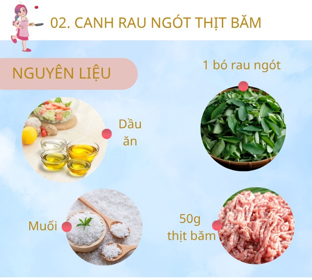 Chuẩn bị: 50g thịt băm, 1 bó rau ngót, bột canh.
