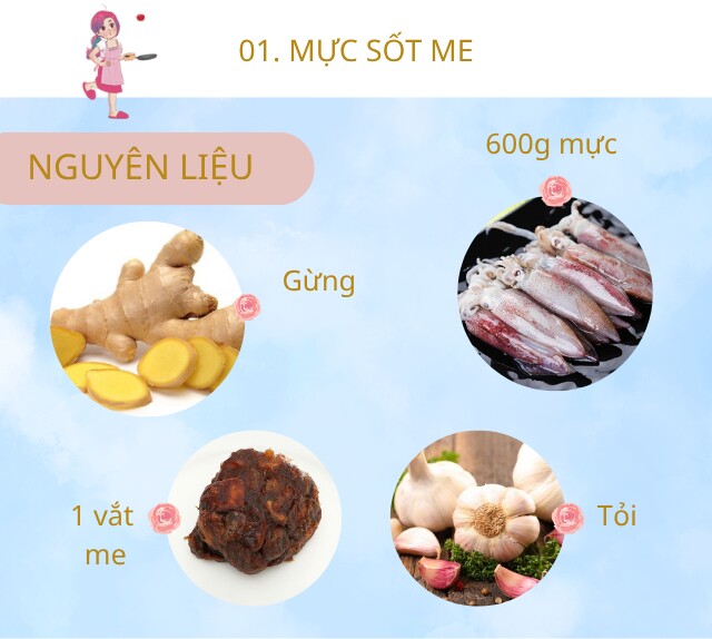 Chuẩn bị: 600g mực tươi, 1 vắt me, gừng, tỏi, ớt (không ăn được cay thì bỏ qua), rượu trắng, bột nêm, tiêu, dầu ăn.