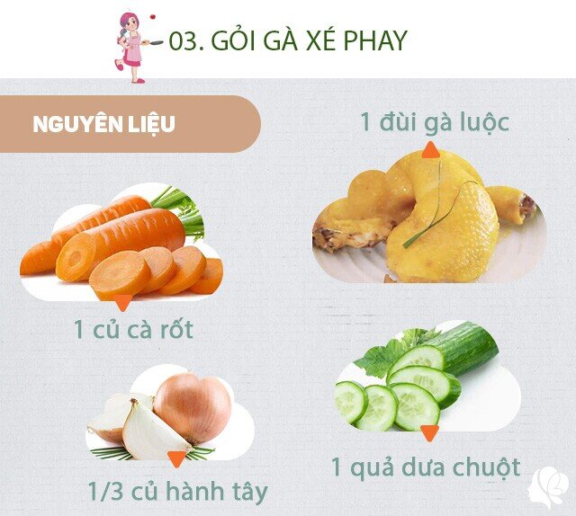Chuẩn bị: 1 đùi gà luộc, 1 củ cà rốt, 1/2 củ hành tây, 1 quả dưa chuột, 1/3 quả ớt chuông thái sợi, nước mắm, đường, giấm, chanh, tỏi, ớt, rau thơm, vừng rang.