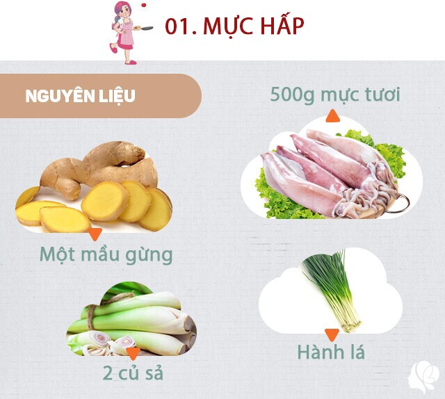 Chuẩn bị: 500g mực, 2 củ sả, 1 mẩu gừng, vài nhánh hành lá.