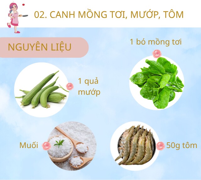 Chuẩn bị: 1 bó mồng tơi, 1 quả mướp cỡ trung bình, muối, dầu ăn, hành khô, 50g tôm tươi.