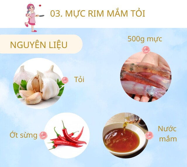Chuẩn bị: 500g mực ống, tỏi, nước mắm, ớt sừng, xíu đường, dầu ăn.