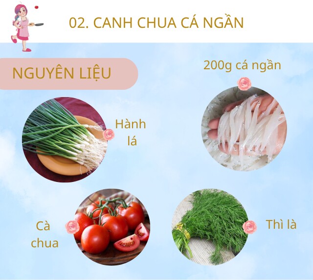 Chuẩn bị: 200g cá ngần rửa sạch, 4 quả cà chua, 1/4 quả dứa, hành lá thái nhỏ, thì là rửa sạch thái nhỏ, muối/ bột nêm vừa ăn.